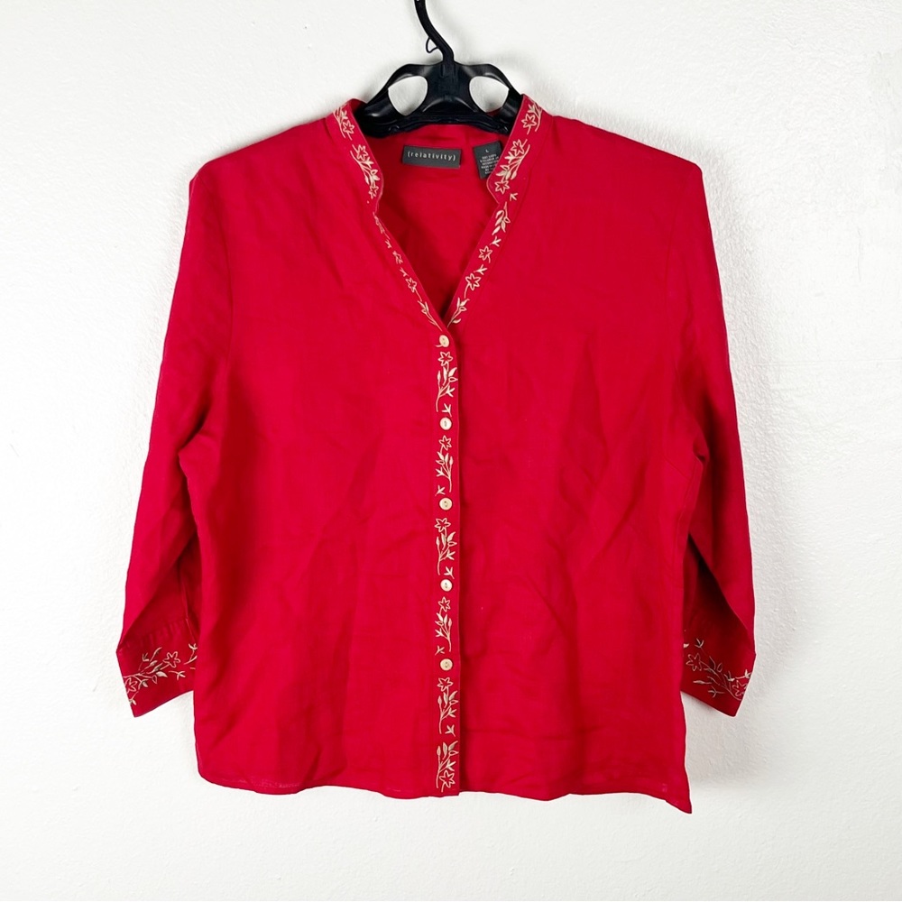 RELATIVITY 100% Linen 3/4 Sleeves Red Button Gold Embroidery Trim Top Large Boho